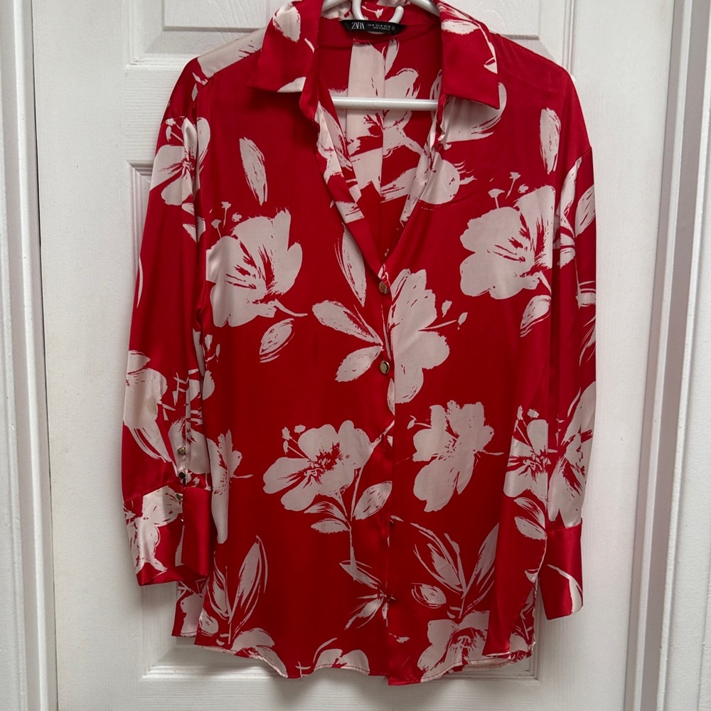 Zara Red and White Floral Shirt
